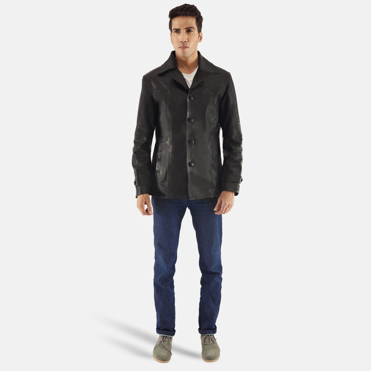 Leo Noir Manteau en Cuir pour Homme - Vue de profil avec coupe de manche ergonomique