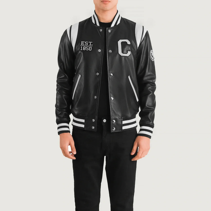 Liberte California Noir Leather Varsity Veste en Cuir pour Homme