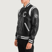 
Black & White Sheepskin Leather Varsity Jacket - Vue arrière montrant la carrure ajustée et l'ourlet net
