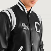 
Vue détaillée of Varsity & Snap Button Hardware on Liberte California Noir Leather Varsity Veste en Cuir pour Homme