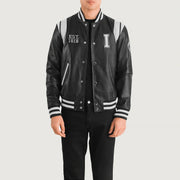 Liberte Illinois Noir Leather Varsity Veste en Cuir pour Homme in Black &amp; White Sheepskin Leather - Vue de face &amp; silhouette ajustée | Acheter en ligne