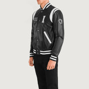 Black &amp; White Sheepskin Leather Varsity Jacket - Vue de dos avec coupe ajustée aux épaules &amp; ourlet soigné