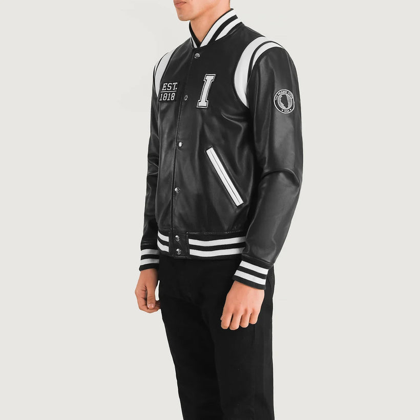 Liberte Illinois Noir Leather Varsity Veste en Cuir pour Homme