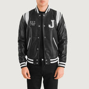 Liberte New Jersey Noir Leather Varsity Veste en Cuir pour Homme in Black &amp; White Sheepskin Leather - Vue de face &amp; silhouette ajustée | Acheter en ligne