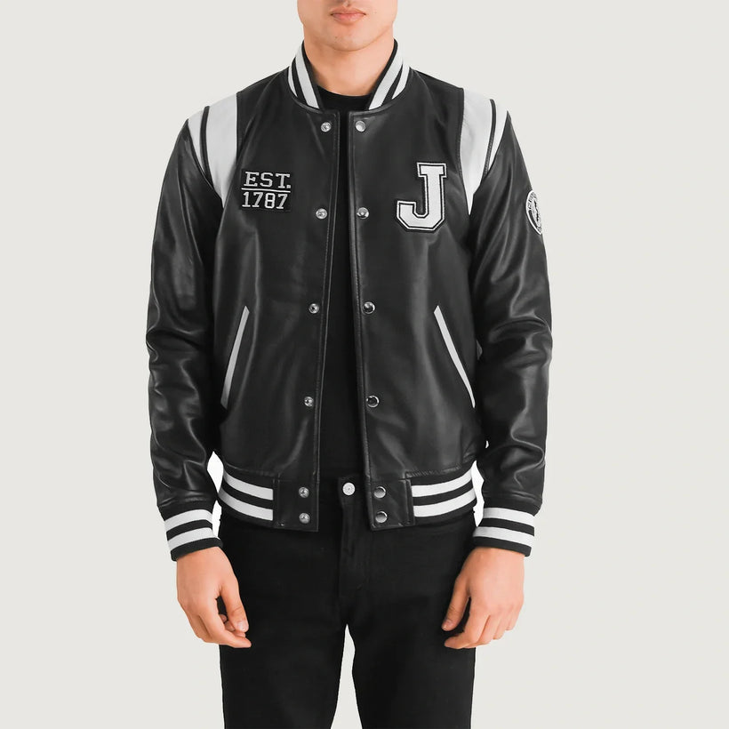 Liberte New Jersey Noir Leather Varsity Veste en Cuir pour Homme