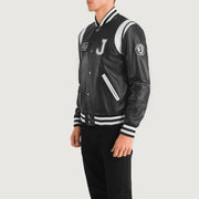 Black &amp; White Sheepskin Leather Varsity Jacket - Vue de dos avec coupe ajustée aux épaules &amp; ourlet soigné