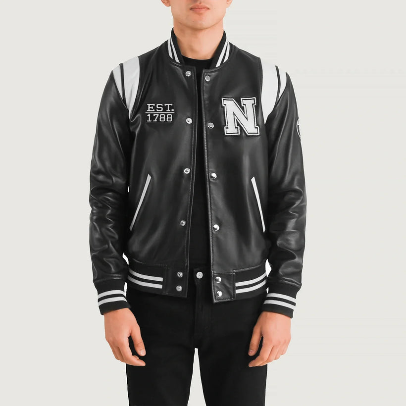 Liberte New York Noir Leather Varsity Veste en Cuir pour Homme