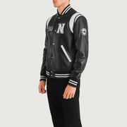 Black &amp; White Sheepskin Leather Varsity Jacket - Vue de dos avec coupe ajustée aux épaules &amp; ourlet soigné
