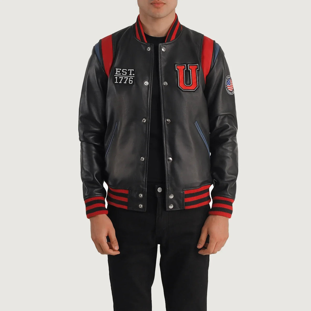 
Liberte USA Black Leather Varsity Jacket in Black Sheepskin Leather - Vue de face & silhouette ajustée | Acheter en ligne