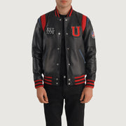 
Liberte USA Black Leather Varsity Jacket in Black Sheepskin Leather - Vue de face & silhouette ajustée | Acheter en ligne