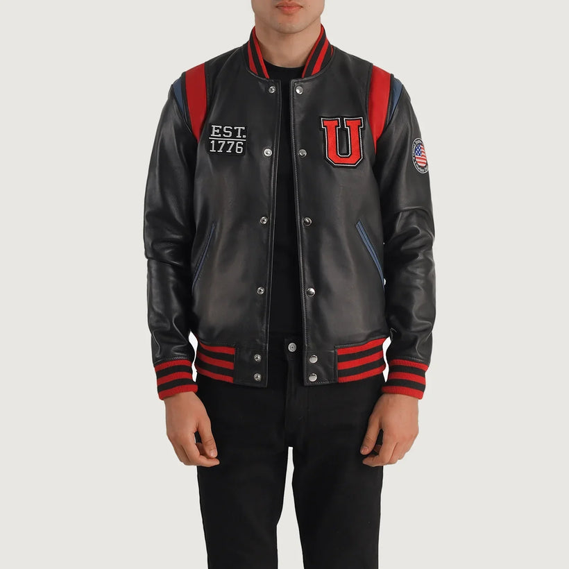Liberte Usa Noir Leather Varsity Veste en Cuir pour Homme