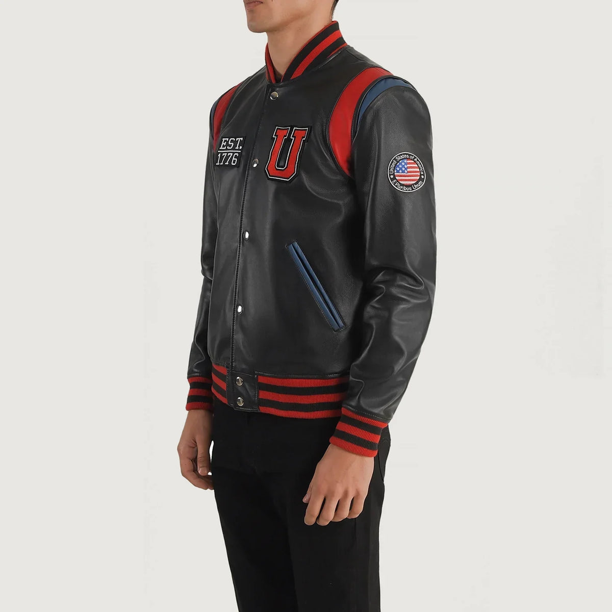 
Black Sheepskin Leather Varsity Jacket - Vue arrière montrant la carrure ajustée et l'ourlet net
