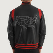 
Liberte USA Black Leather Varsity Jacket - Vue de profil mettant en valeur la coupe de manche ergonomique
