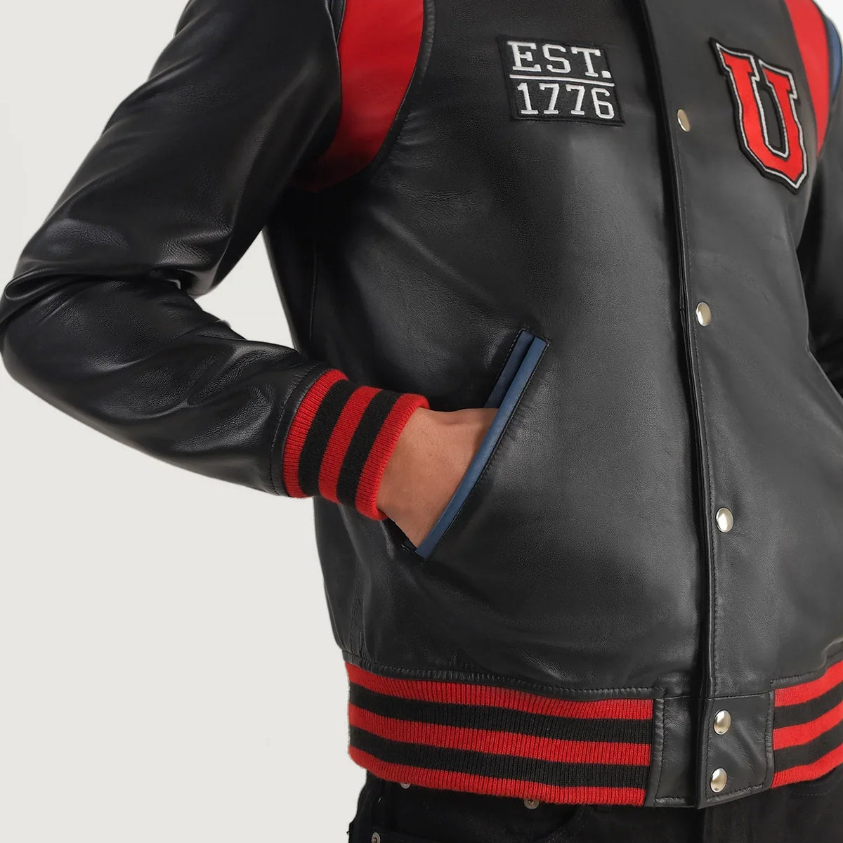 
Vue détaillée of Varsity & Snap Button Hardware on Liberte USA Black Leather Varsity Jacket