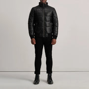 
Lucas Blue Leather Puffer Bomber Jacket - Vue de profil mettant en valeur la coupe de manche ergonomique