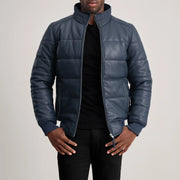 
Tailored Rib Cuffs & Hem Craftsmanship Construction Detail on Lucas Blue Leather Puffer Bomber Jacket