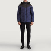 
Luka Noir & Bleu Hooded Puffer Veste en Cuir pour Homme - Vue de profil mettant en valeur la coupe de manche ergonomique