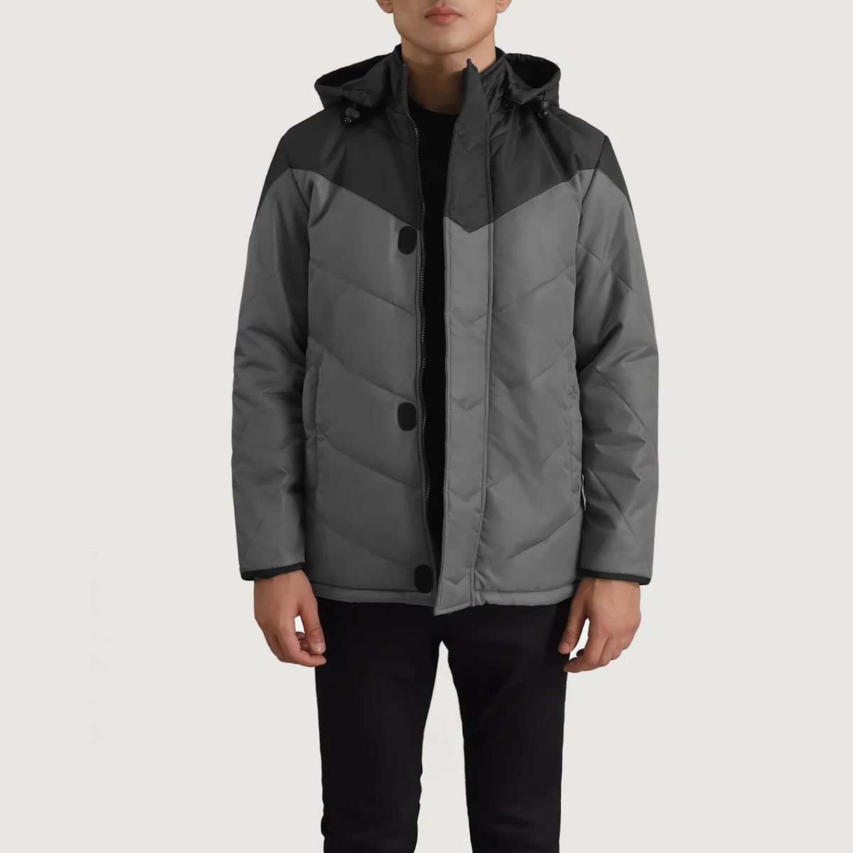 
Luka Noir & Gris Hooded Puffer Veste en Cuir pour Homme in Black & Grey Full-Grain Leather - Vue de face & silhouette ajustée | Acheter en ligne