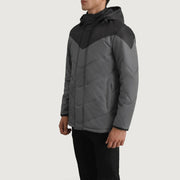 
Black & Grey Full-Grain Leather Hooded Jacket - Vue arrière montrant la carrure ajustée et l'ourlet net