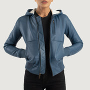 
Luna Blue Hooded Leather Bomber Jacket in Blue Sheepskin Leather - Vue de face & silhouette ajustée | Acheter en ligne