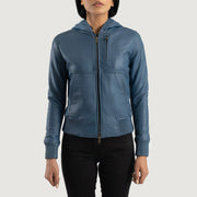 
Vue détaillée of Hooded & Zipper Hardware on Luna Blue Hooded Leather Bomber Jacket