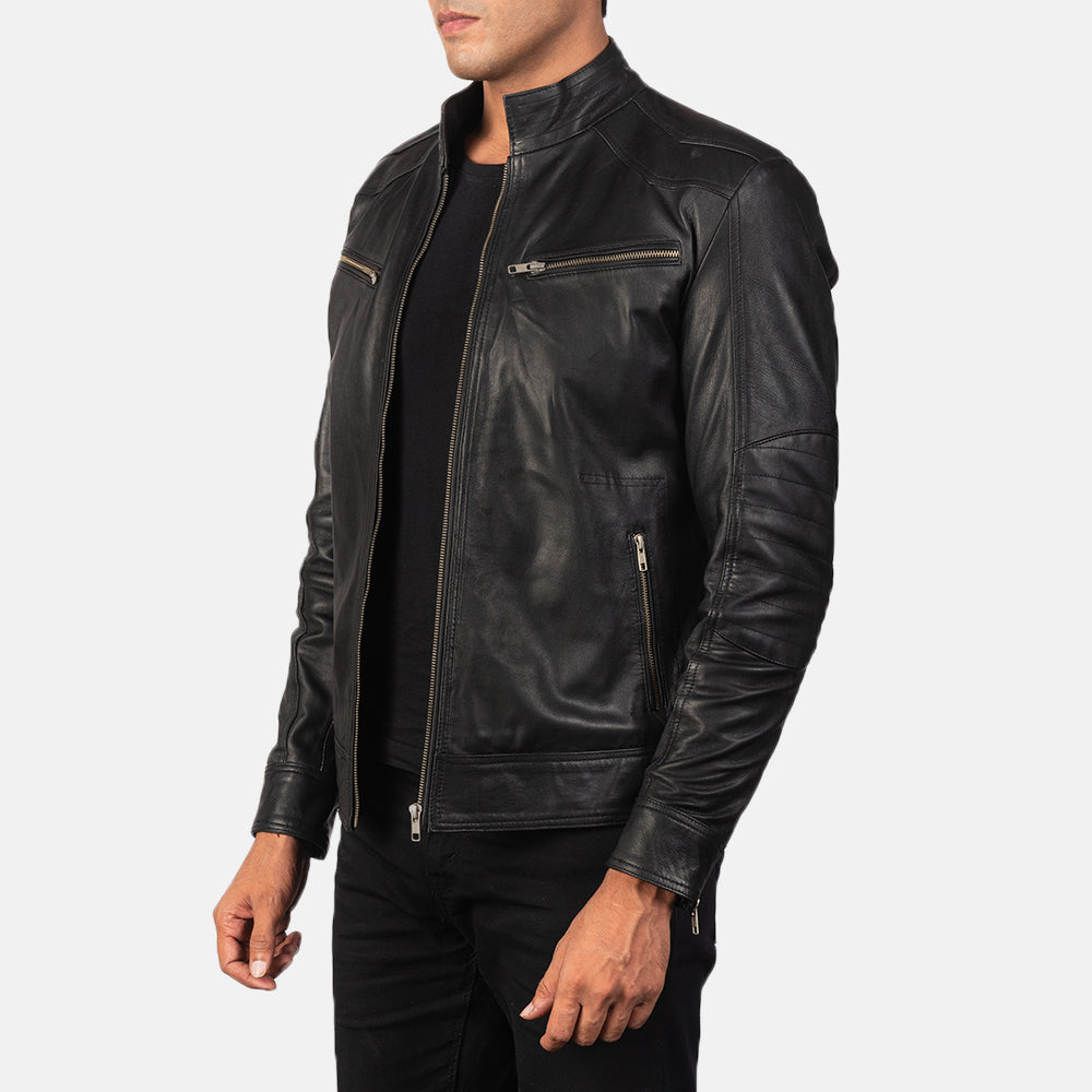 Black Goatskin Leather Biker Jacket - Vue de dos avec coupe ajustée aux épaules &amp; ourlet soigné