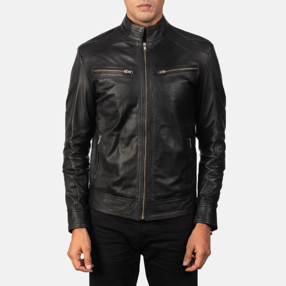 Vue détaillée of Band &amp; Zipper Hardware on Men's Mack Noir Veste Motard en Cuir pour Homme