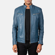 
Mack Bleu Veste Motard en Cuir pour Homme in Blue Sheepskin Leather - Vue de face & silhouette ajustée | Acheter en ligne