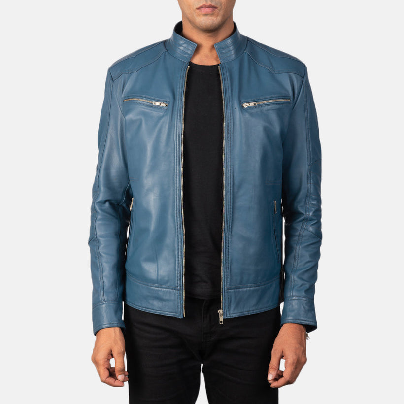 Mack Bleu Veste Motard en Cuir pour Homme
