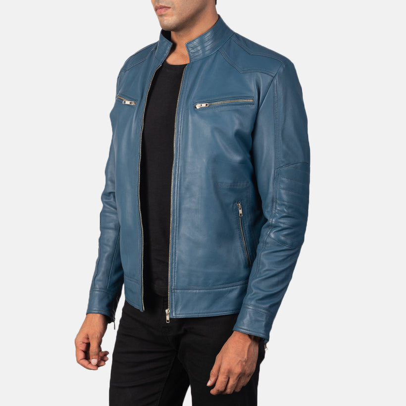 Mack Bleu Veste Motard en Cuir pour Homme