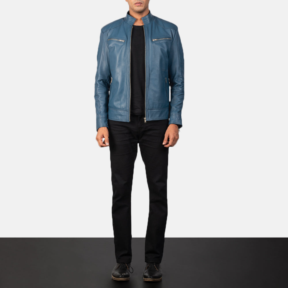 
Mack Bleu Veste Motard en Cuir pour Homme - Vue de profil mettant en valeur la coupe de manche ergonomique