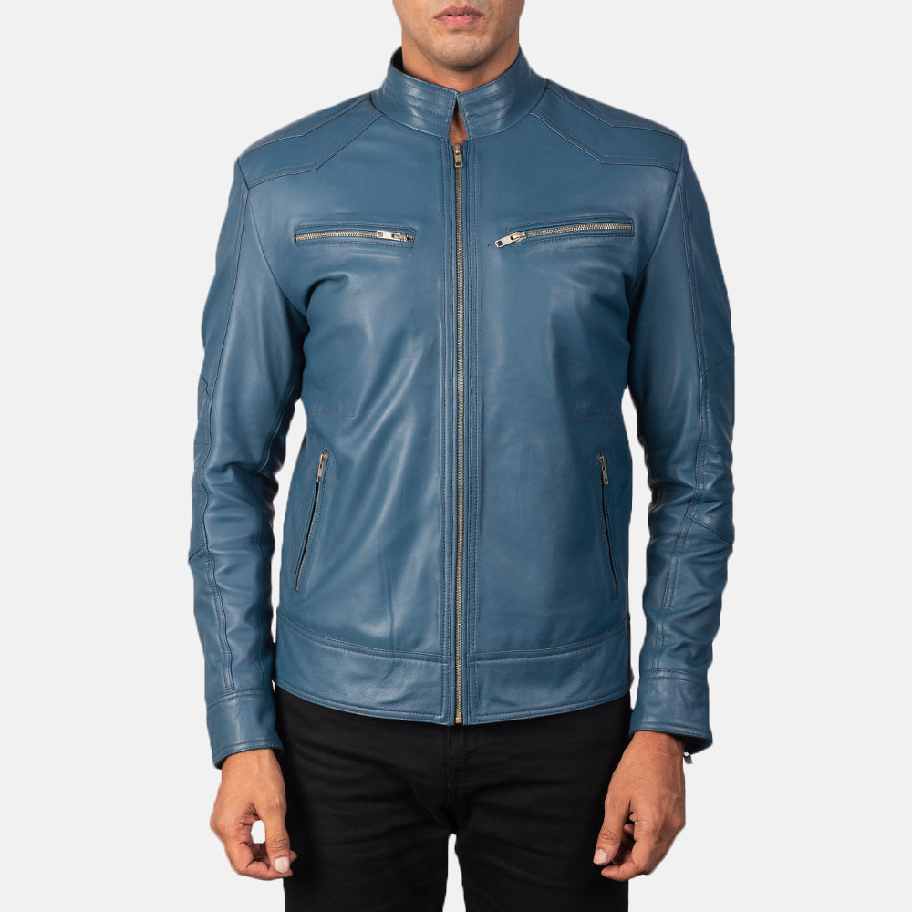 
Vue détaillée of Band & Zipper Hardware on Mack Bleu Veste Motard en Cuir pour Homme