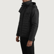 
Black Full-Grain Leather Hooded Jacket - Vue arrière montrant la carrure ajustée et l'ourlet net