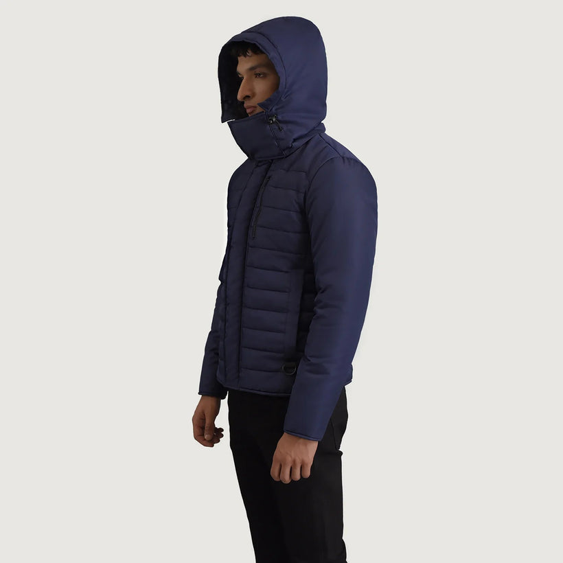 Malcolm Bleu Hooded Puffer Veste en Cuir pour Homme