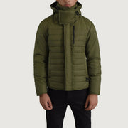 
Malcolm Vert Hooded Puffer Veste en Cuir pour Homme - Vue de profil mettant en valeur la coupe de manche ergonomique
