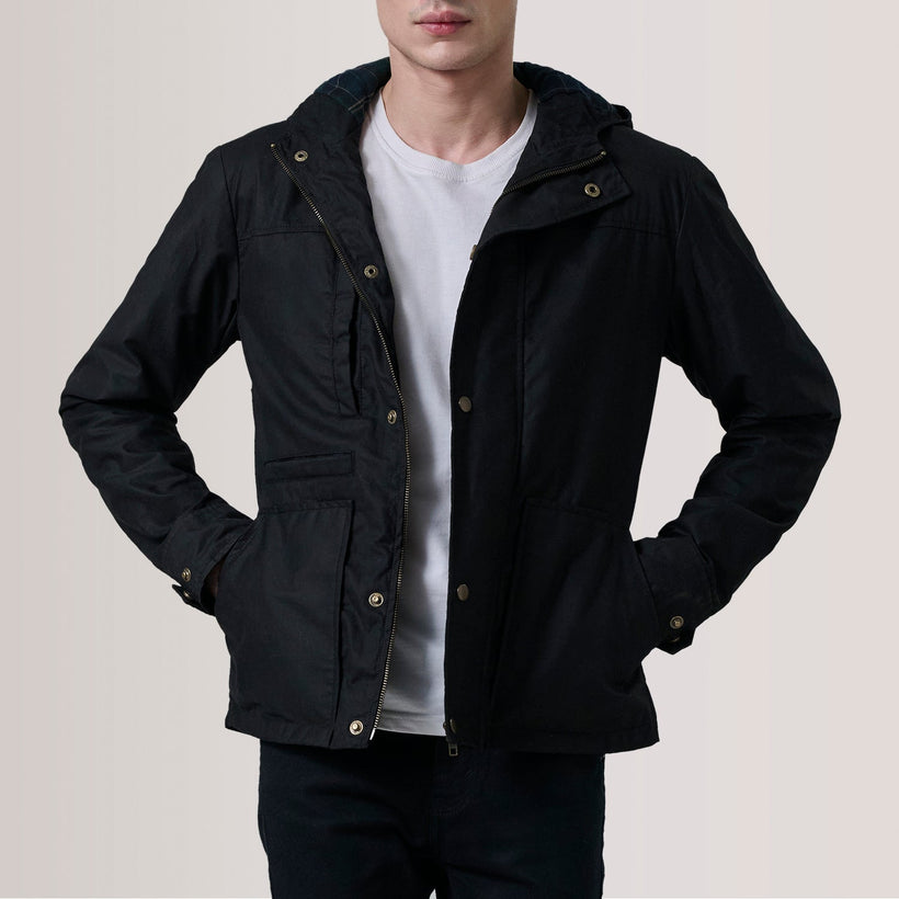 Marlo Noir Canvas Hooded Work Veste en Cuir pour Homme