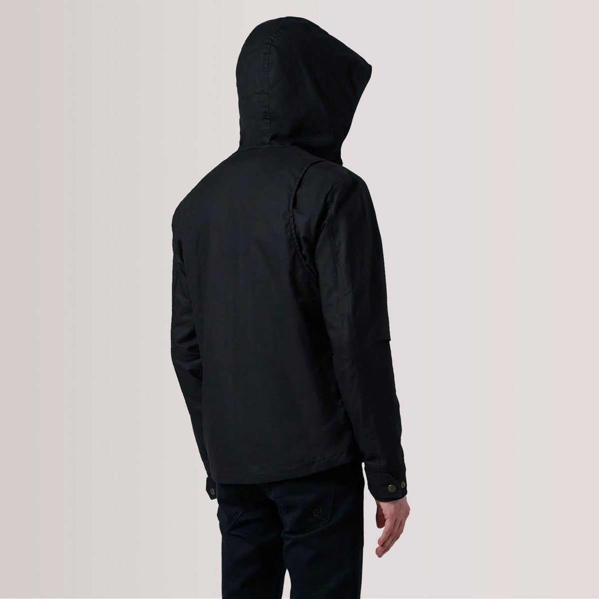 Vue détaillée of Hooded &amp; Zipper with placket Hardware on Marlo Noir Canvas Hooded Work Veste en Cuir pour Homme For Men