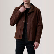 Marlo Marron Canvas Hooded Work Veste en Cuir pour Homme For Men in Brown Waxed Cotton Canvas - Vue de face &amp; silhouette ajustée | Acheter en ligne
