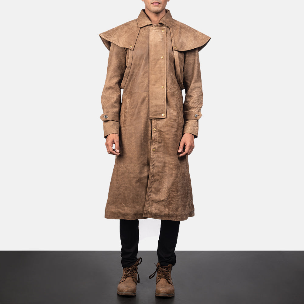 Vue détaillée of Shirt &amp; Heavy-Duty Zipper Hardware on Men's Maverick Marron Leather Duster pour Homme