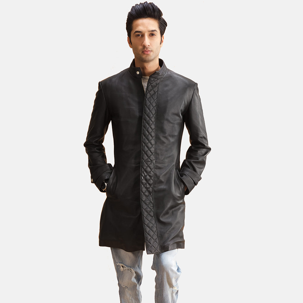Men's Midlander Matelassé Noir Manteau en Cuir pour Homme in Black Sheepskin Leather - Vue de face &amp; silhouette ajustée | Acheter en ligne
