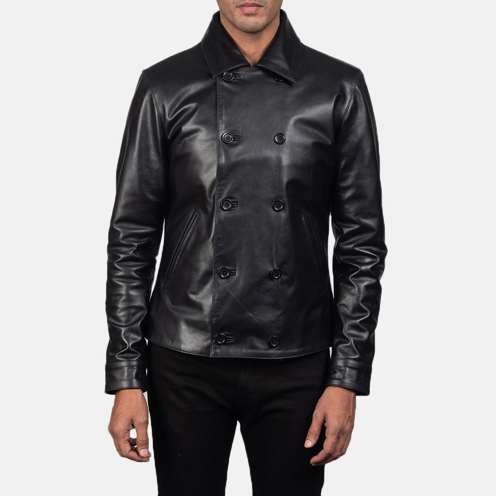 Mod Noir Leather Peacoat pour Homme in Black Cowhide Leather - Vue de face &amp; silhouette ajustée | Acheter en ligne