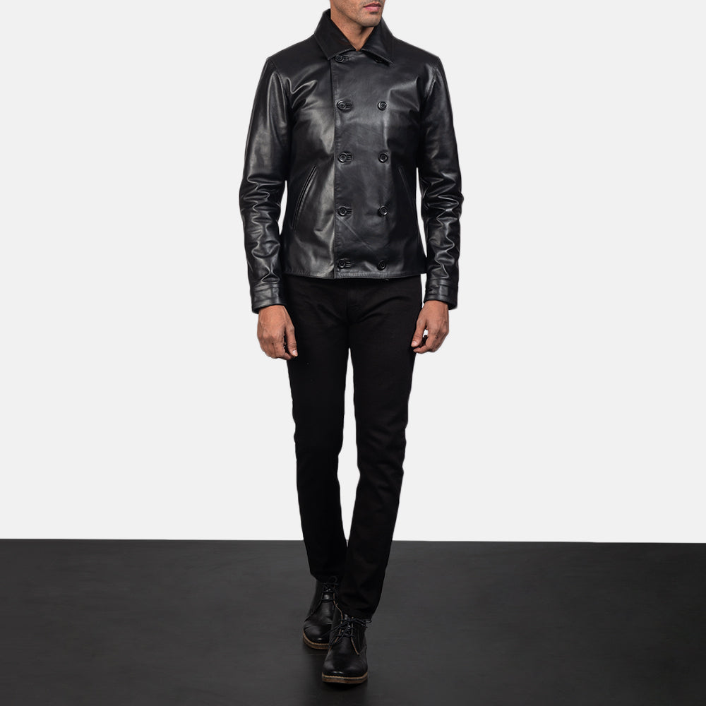 Mod Noir Leather Peacoat pour Homme - Vue de profil avec coupe de manche ergonomique