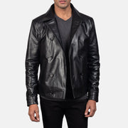 Vue détaillée of Notch &amp; Buttons Hardware on Mod Noir Leather Peacoat pour Homme
