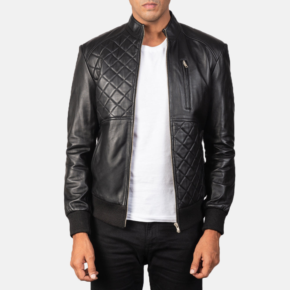 Moda Black Leather Bomber Jacket in Black Sheepskin Leather - Vue de face &amp; silhouette ajustée | Acheter en ligne