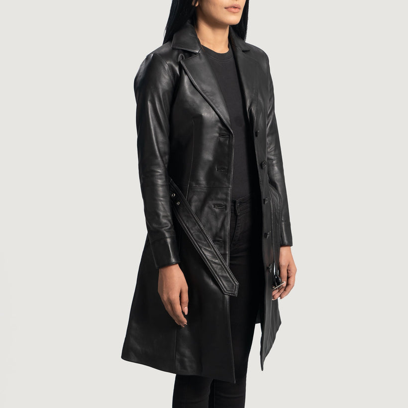 Moonlight Noir Trench-Manteau en Cuir en Cuir pour Femme