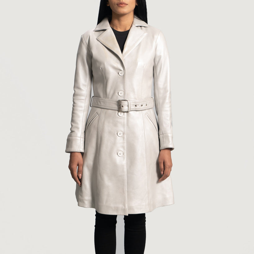 Moonlight Silver Trench-Manteau en Cuir en Cuir pour Femme
