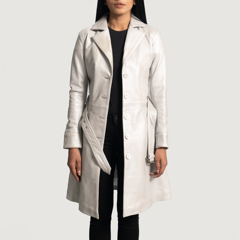 Moonlight Silver Trench-Manteau en Cuir en Cuir pour Femme