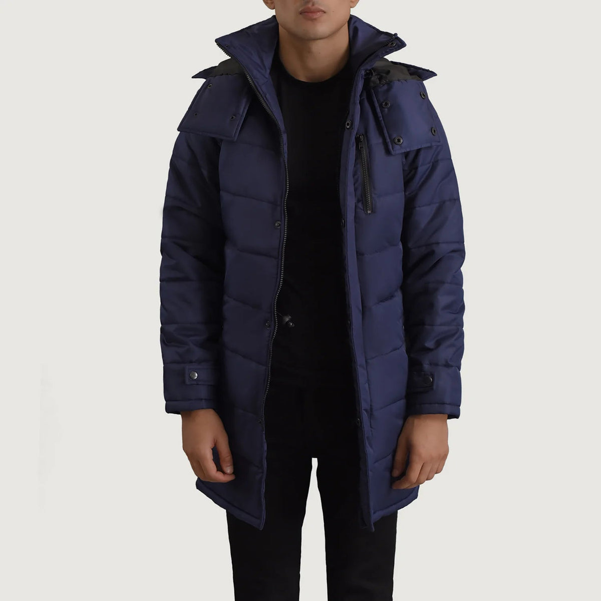 
Moore Bleu Hooded Parka pour Homme in Blue Full-Grain Leather - Vue de face & silhouette ajustée | Acheter en ligne