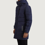 
Blue Full-Grain Leather Hooded Jacket - Vue arrière montrant la carrure ajustée et l'ourlet net