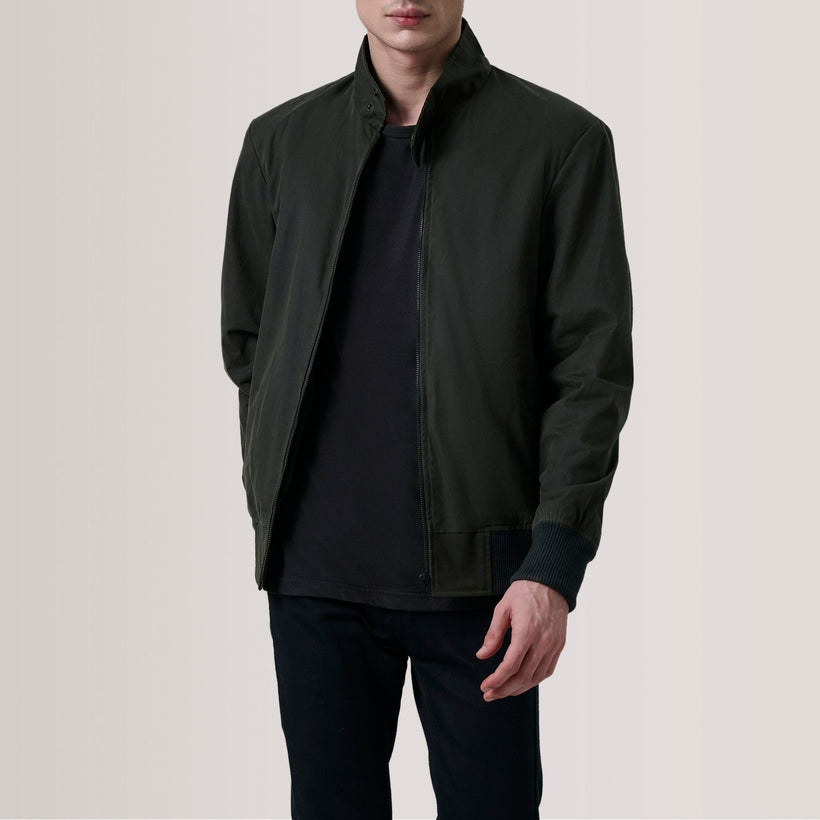 Morrison Olive Canvas Bomber Jacket For Men in Olive Waxed Cotton Canvas - Front Profile View & Tailored Silhouette | Buy Online